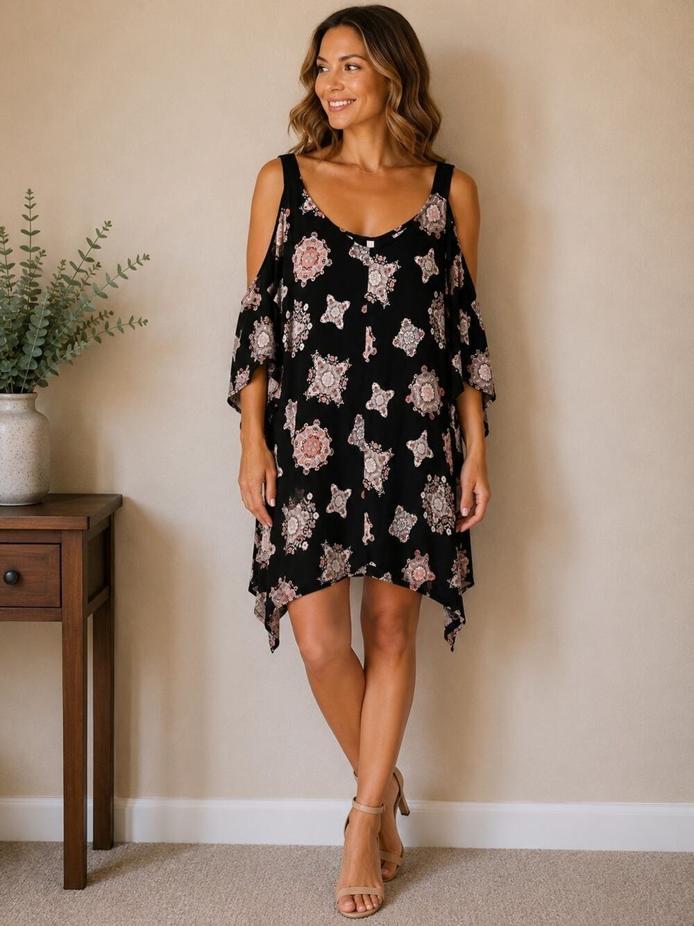 NY Collection Black Cold Shoulder Handkerchief Hem Print Dress